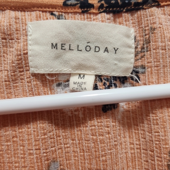 MELLODAY Orange with Black Floral Ruffle Neck Puff Sleeve Blouse Size M Office - Picture 2 of 5